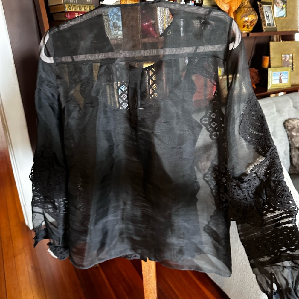 Oscar de la Renta Vintage Silk Organza Lace Blouse Black Sheer Ruffle Top sz 4 - Picture 5 of 10